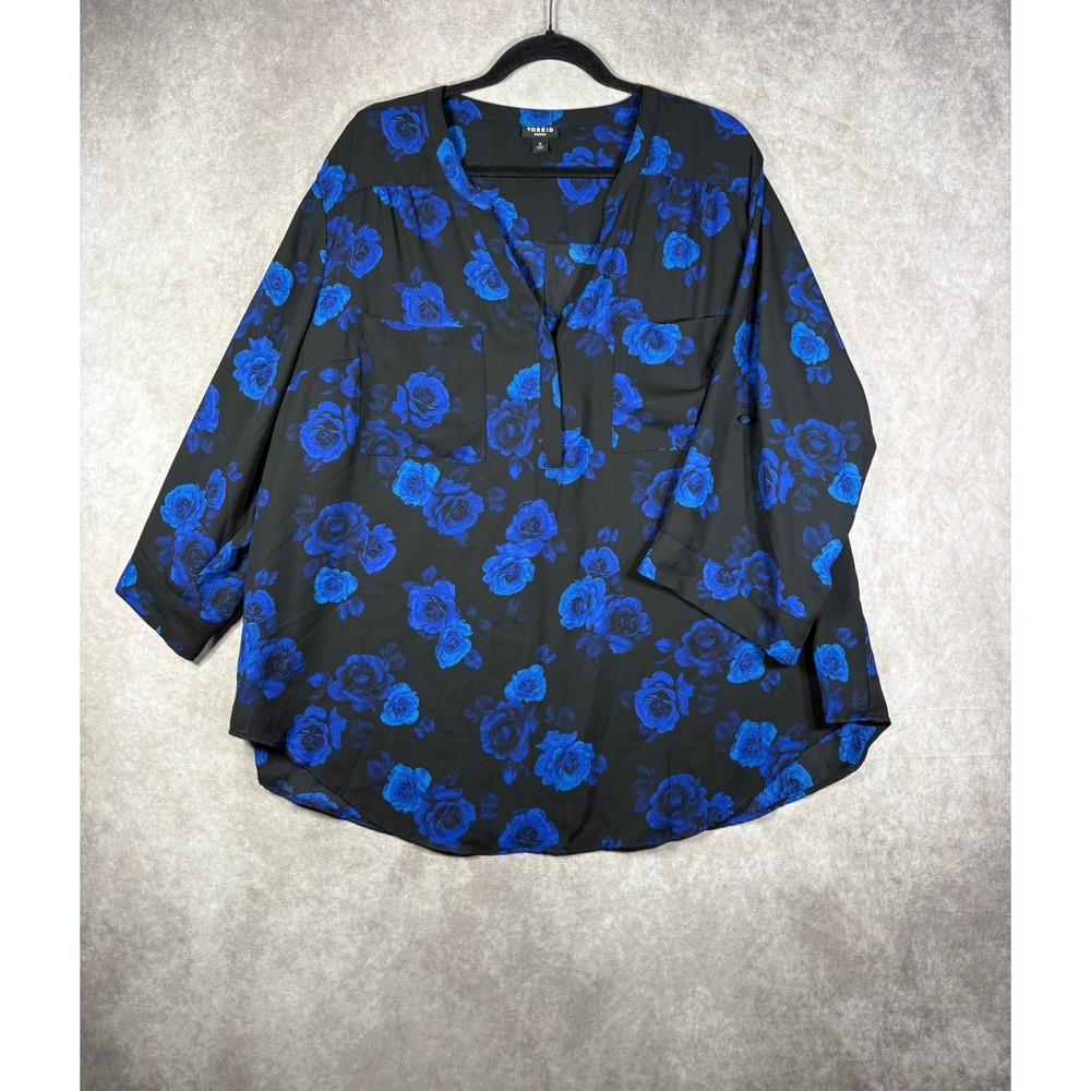 Torrid Blouse Women 3 3X Black Blue Rose Harper Georgette Roll Tab Sleeve Casual